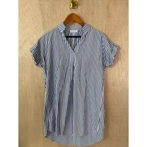 Solution Womens Blue White Striped Shirt Dress Short Sleeve V-Neck Medium